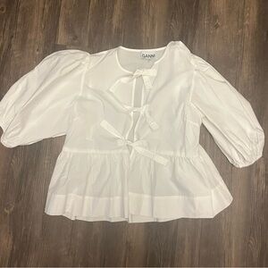Ganni Cotton Poplin Peplum Tie Blouse